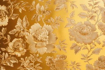 intricate floral theme pressed on a golden metallic sheet, close up, festive background, shiny