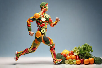 Nutrition Lifestyle. Vibrant illustration of a running man composed of fruits and vegetables. Embrace a healthy life with mindful eating. Wellness and self-care concept.