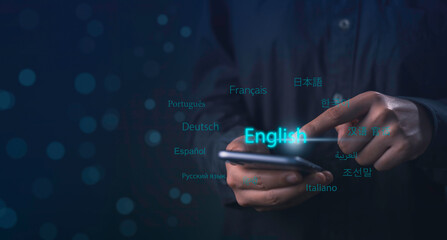 Language translate worldwide concept. Person use smartphon with translator dictionary app language...