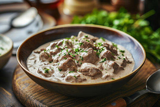 Creamy beef stroganoff with fresh greenery. Generative AI
