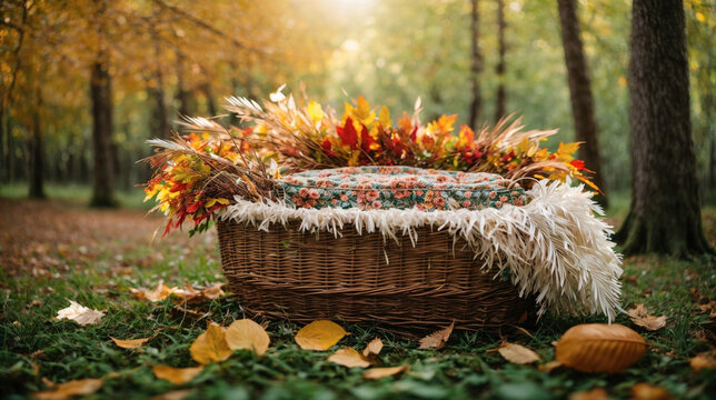 A basket newborn backdrop with white lining sits on leaves in a forest