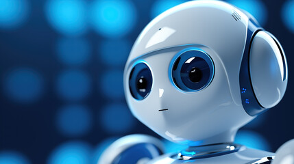 a sad blue themed ai robot with big eyes