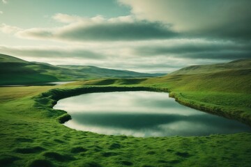 Obraz premium A Celtic-inspired landscape with a cloverleaf-shaped lake, reflecting the magic of Saint Patrick's Day