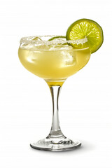 Margarita Served in a Margarita glass with a salted rim. White isolated background, side view. 