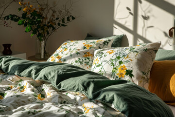 Bedroom with botanical print bedding in green and yellow tones. Spring concept. Generative AI