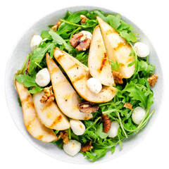 Grilled Pear Salad, Fresh Salad with Pear, Arugula, Mozzarella Pearls, Walnuts and Honey Dressing on White Isolated