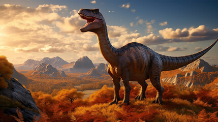 a brachiosaurus on the mountains at sunset - obrazy, fototapety, plakaty