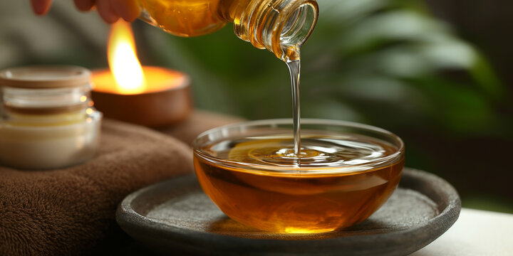 Close up of therapist pouring oil for a spa treatment
