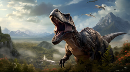 a screaming trex in front of a prehistoric jurassic landscape