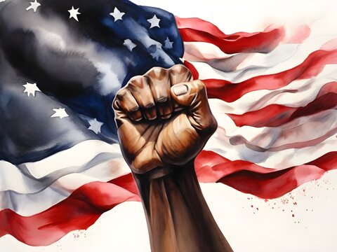 Raised human fist with American flag. Independence Day (July 4th) and African American History Month, watercolor illustration, oil painting. Generative AI
