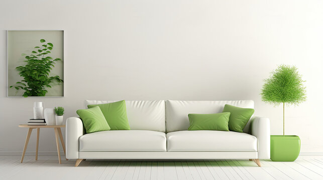green sofa in white living room interior