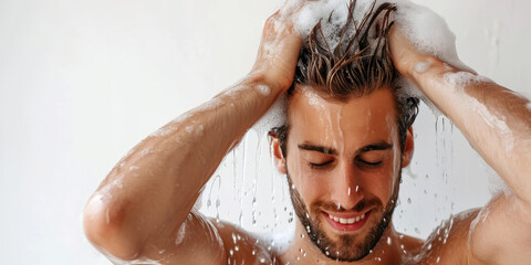Handsome man washing his hair, close up shot