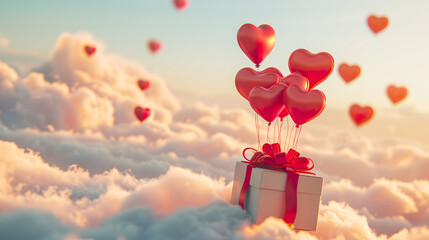 Gift box with heart balloon floating in the sky, happy valentine's day banner