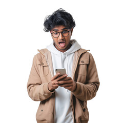 Excited south asian men holding a phone looking happy, isolated transparent background