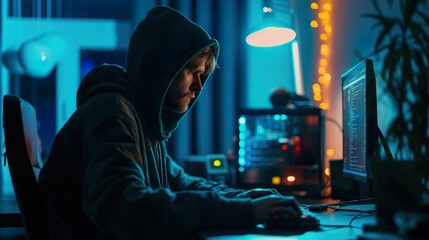 Hacker committing digital cybercrime in front of computer - obrazy, fototapety, plakaty