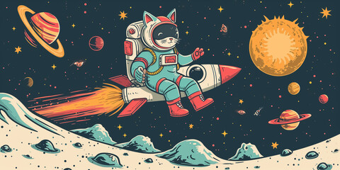 The cosmonaut cat flies on a rocket into space