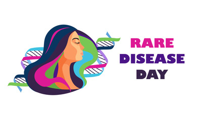 Rare Disease Day. Woman's face in bright colors. Human DNA.