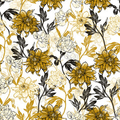 floral seamless pattern with peonies branches