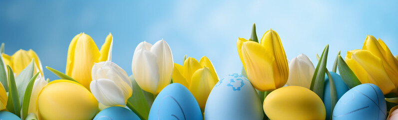Tulpen und Ostereier auf blauem Hintergrund