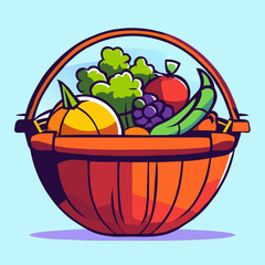 Vector illustration of a basket full of fresh fruits and vegetables in cartoon style generative AI
