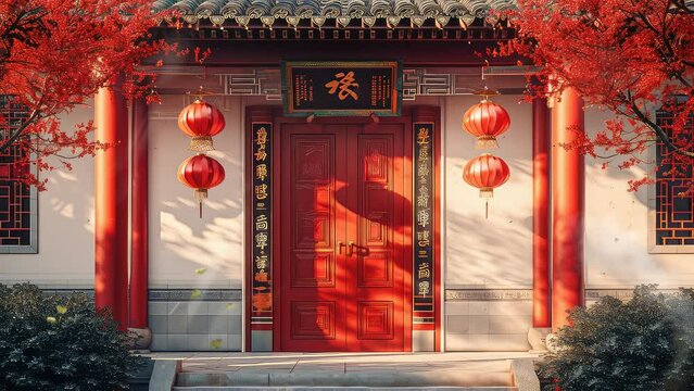 Animation chinese new year celebrations on the chinese temple 4k video background. generated with ai