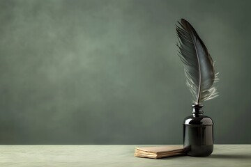 Vintage Quill Pen and Inkwell on Wooden Table