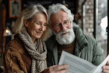 A contented middle-aged couple holding a good news book. Generative Ai.