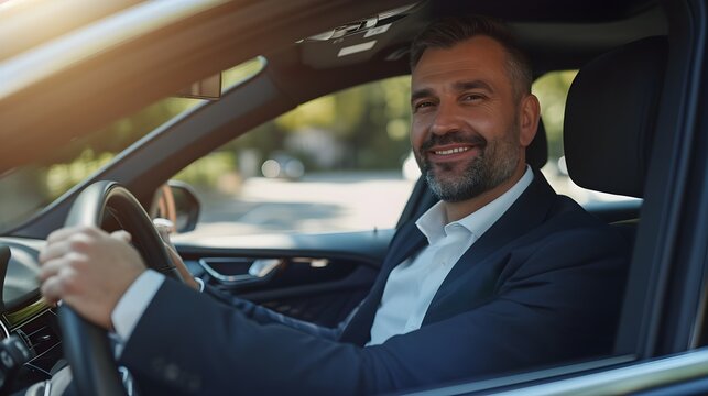 Front view portrait of a happy white businessman driving a luxury car, generative AI