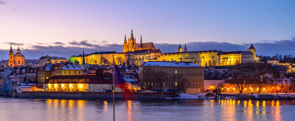 Prague, Prague Castle, Charles Bridge, Vltava River, monuments, architecture, history, winter, snow, boats, harbor, pier - obrazy, fototapety, plakaty