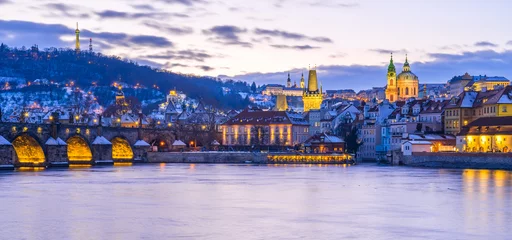 Fotobehang Prague, Prague Castle, Charles Bridge, Vltava River, monuments, architecture, history, winter, snow, boats, harbor, pier © Petr