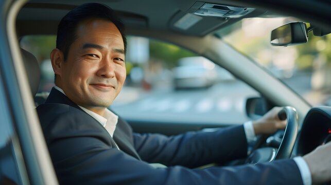 Portrait of a happy asian businessman driving a luxury car, generative AI