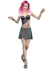 3D Render of Girl with pink hair in black dress