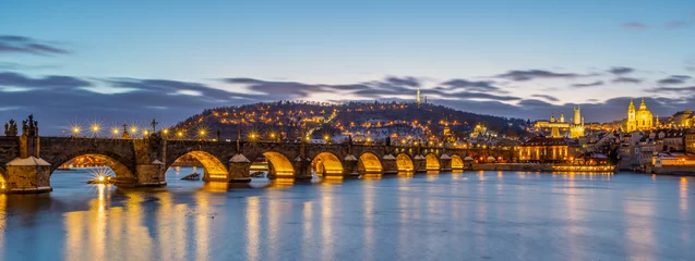 Poster Prague, Prague Castle, Charles Bridge, Vltava River, monuments, architecture, history, winter, snow, boats, harbor, pier © Petr