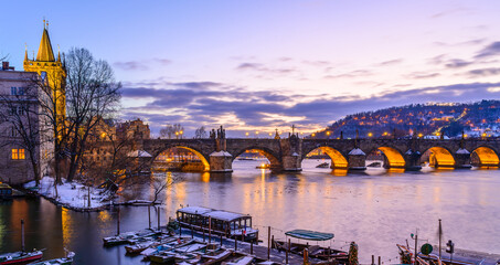 Prague, Prague Castle, Charles Bridge, Vltava River, monuments, architecture, history, winter,...