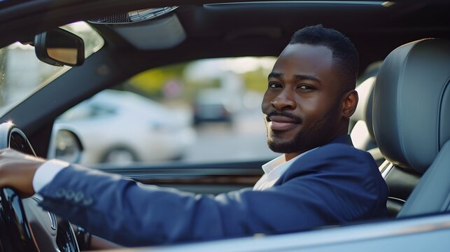 Portrait of a happy black businessman driving a luxury car, generative AI