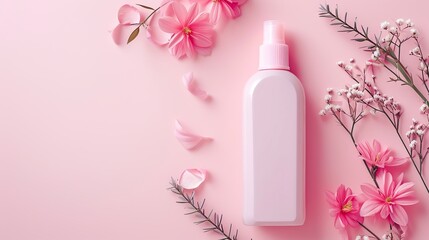 Obraz na płótnie Canvas Elevate your beauty routine with our pastel pink product featuring an aesthetic bottle layout. Experience a healthy and caring cosmetic background. Generative AI