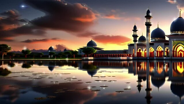 ramadan background and mosque at sunset