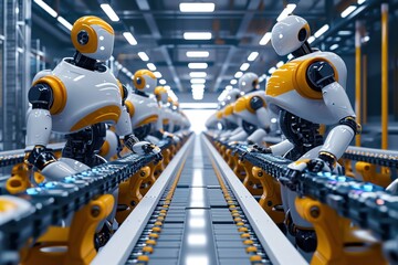 Modern innovative factories and assembly lines powered by robots - obrazy, fototapety, plakaty