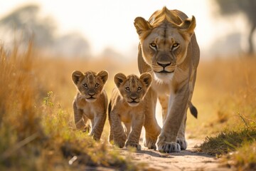 Fototapeta premium A mother lion and her cubs are walking towards the camera. t