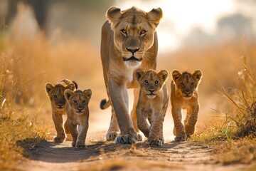 A mother lion and her cubs are walking towards the camera. t - obrazy, fototapety, plakaty
