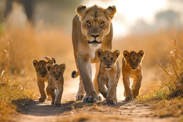 Foto op Canvas A mother lion and her cubs are walking towards the camera. t © ORG