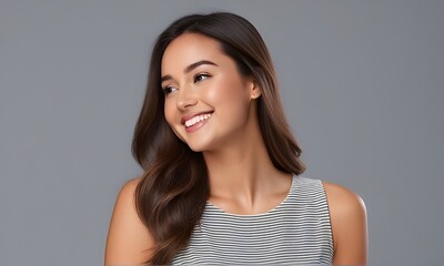 Beautiful and happy young woman looking away smiling while standing in studio