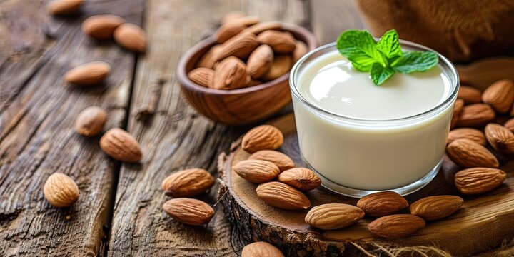 Almonds, delicious healthy snack, almond vegan milk, background.