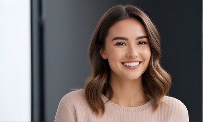 Beautiful and happy young woman looking away smiling while standing in studio