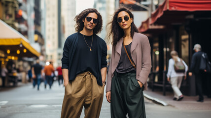 Stylish young couple walking confidently on city street - obrazy, fototapety, plakaty