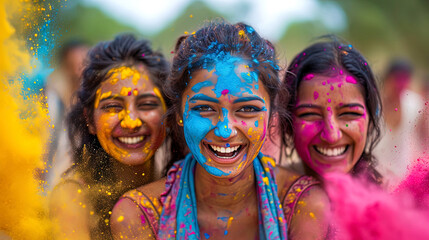 A group of friends joyfully playing Holi, surrounded by clouds of colorful paint