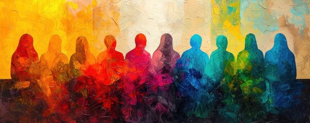 Group of people silhouettes. Multicolored background. Abstract painting.
