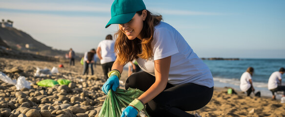 Volunteer woman cleaning beach to protect the environment - obrazy, fototapety, plakaty
