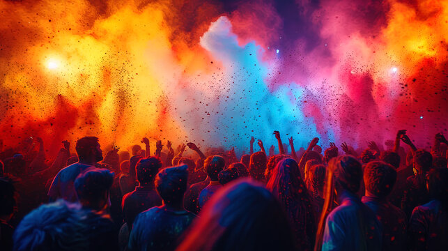 Bright Holi festival with people covered with multi colored powder