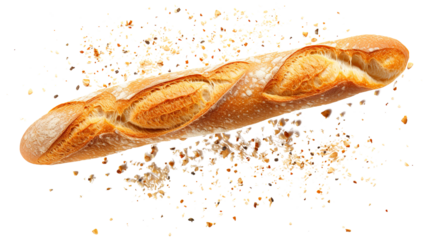 Baguette bread with falling crumbs isolated on transparent background Remove png, Clipping Path, pen tool, white
